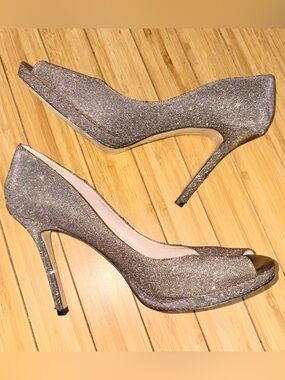 kate spade Glitter Peep-Toe Heels in Metallic Pewter